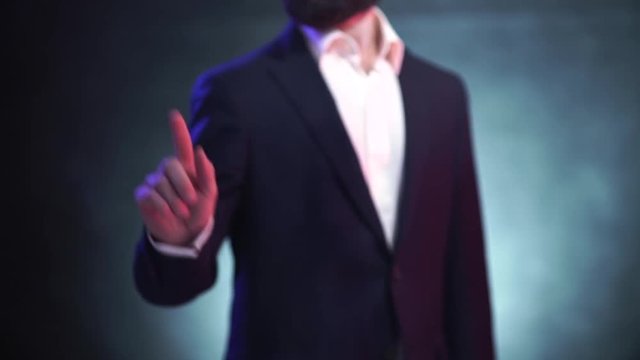 Businessman in suit working and manages, touching on visual screen, template for motion graphics.