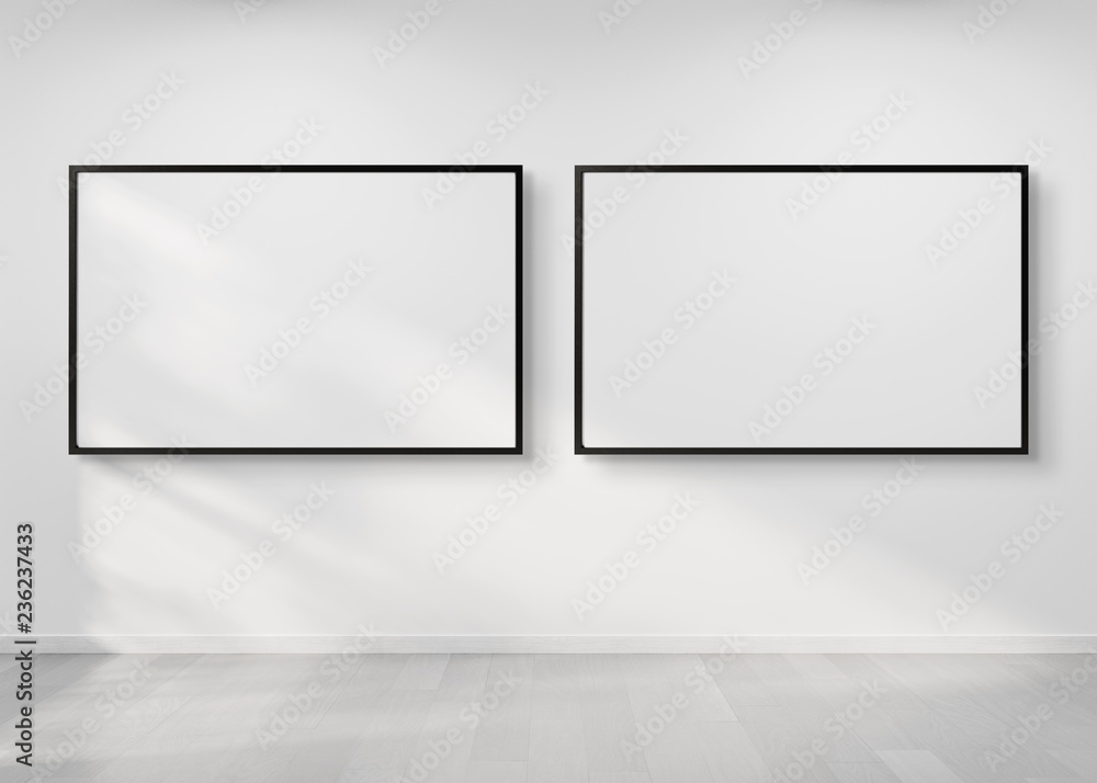 Poster Two horizontal frames hanging on a wall mockup 3d rendering