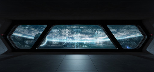 Dark spaceship interior with control panel digital screens 3D rendering - obrazy, fototapety, plakaty