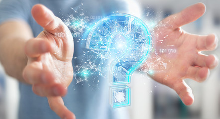 Businessman solving problem with digital question marks 3D rendering