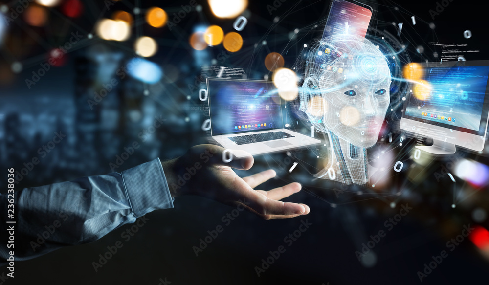 Poster businessman using white humanoid controlling modern devices 3d rendering