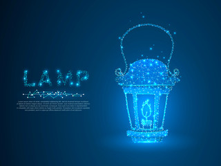 Fototapeta premium Lantern with the candle. Polygonal space low poly with connecting dots and lines. Light in the dark concept. Connection wireframe structure. Vector on dark blue background