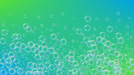 Fizz background with shampoo foam and soap bubbles. 3d vector illustration banner. Bright spray and splash. Realistic water frame and border. Green colorful liquid fizz.