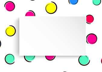 Pop art colorful confetti background. Big colored spots and circles on white background with black dots and ink lines. Banner with 3d paper plate in pop art style. Bright template for flyer, sale, ad
