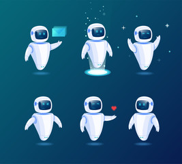 Set of various futuristic robots activity vector illustration. Robot innovation technology science emotions