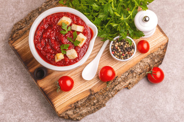 Bright fresh tasty pureed tomato soup with ingredients