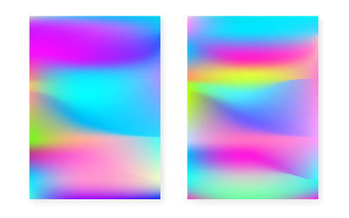 Hologram gradient background set with holographic cover. 90s, 80s retro style. Iridescent graphic template for book, annual, mobile interface, web app. Bright minimal hologram gradient.
