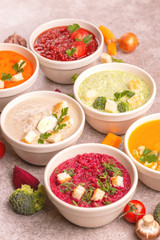 Variety of colorful tasty vegetables cream soups and fresh ingredients
