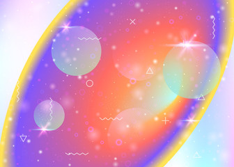 Universe background with galaxy and cosmos shapes and star dust. Holographic futuristic gradients. Fantastic space landscape with planets. 3d fluid with magic sparkles. Memphis universe background.