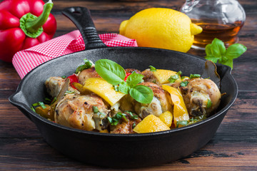 Chicken drumsticks roasted with red bell peppers and lemon in black pan  on wooden rustic table.