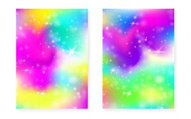 Princess background with kawaii rainbow gradient. Magic unicorn hologram. Holographic fairy set. Stylish fantasy cover. Princess background with sparkles and stars for cute girl party invitation.