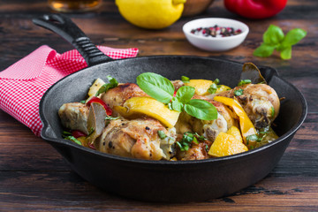 Roasted chicken legs with red bell pepper and lemon in black cast-iron skillet on wooden rustic table.