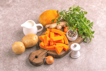 Fresh ingredients for tasty pureed pumpkin soup. Healthy food