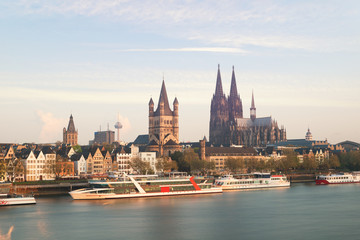 Fototapeta premium Aerial view Cologne over the Rhine River with cruise ship in morning at Cologne, Germany.