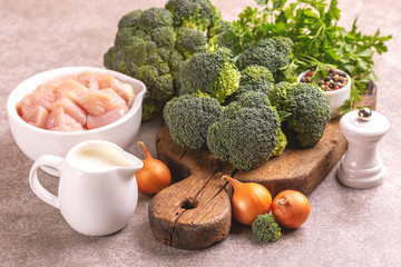 Fresh ingredients for tasty pureed broccoli soup. Healty food