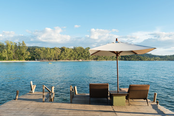 Tropical beach resort with lounge chairs and umbrellas in Phuket ,Thailand. Summer, Travel, Vacation and Holiday concept