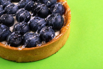 Delicious blueberry tartlet with vanilla cream on bright green background