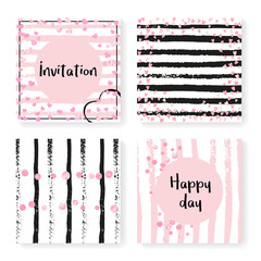 Wedding stripes with glitter confetti. Invitation set. Pink hearts and dots on black and pink background. Template with wedding stripes for party, event, bridal shower, save the date card.