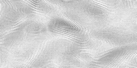 Vector monochrome field visualization of forces. Magnetic or gravitational fluctuations chart. Science backdrop with a matrix of arows with magnitude and direction. Flow representation. Interaction. - obrazy, fototapety, plakaty