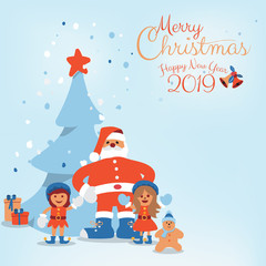 Obraz na płótnie Canvas Cartoon character of Santa Claus, Kids and Christmas tree with Hand written Merry Christmas
