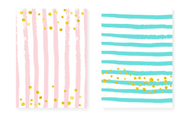 Gold glitter frame with dots and sequins. Wedding and bridal shower invitation set with confetti. Vertical stripes background. Trendy gold glitter frame for party, event, save the date flyer.