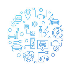 Electric vehicle circular vector blue illustration in thin line style on white background
