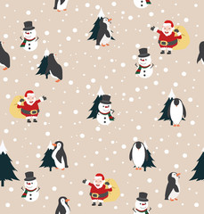 Christmas Santa Claus ,Snowman and penguin with tree background