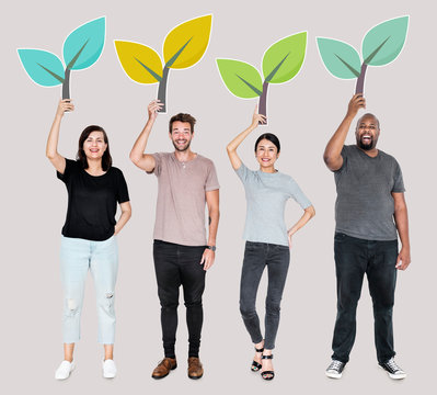 Diverse people with environmental conservation icons