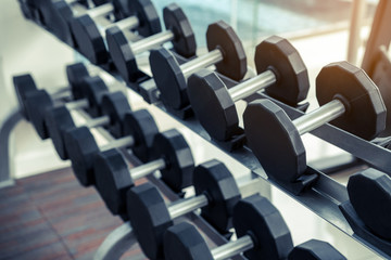 Naklejka na ściany i meble Dumbbells on rack in fitness center. Bodybuilding concept.