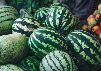 Pile of raw watermelons in the market