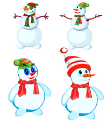 Set of four snowmen in various headdresses and in different scarves