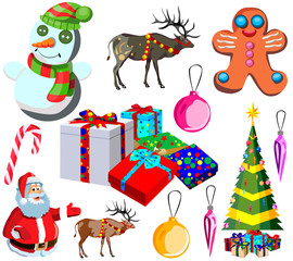 Set for happy Christmas and new year, cartoon icons and illustrations