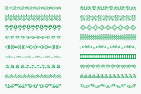 Set of horizontal isolated Green lace borders for design. Patterned elegant beautiful edge. Vector illustration