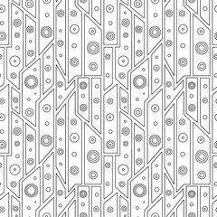 Geometric vector seamless pattern with different geometrical forms. Square, triangle, rectangle, dots, circles. Modern techno design. Abstract background. Graphic black and white Illustration.