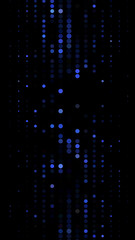 Naklejka na ściany i meble Glowing particles, polka dots on a dark blue background. Vertical festive banner. An elegant holiday pattern. Vector illustration