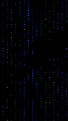 Glowing particles, polka dots on a dark blue background. Vertical festive banner. An elegant holiday pattern. Vector illustration