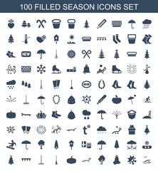 season icons. Set of 100 filled season icons included sea and gull, cold and hot mode, bell, tree, sunbed on white background. Editable season icons for web, mobile and infographics.