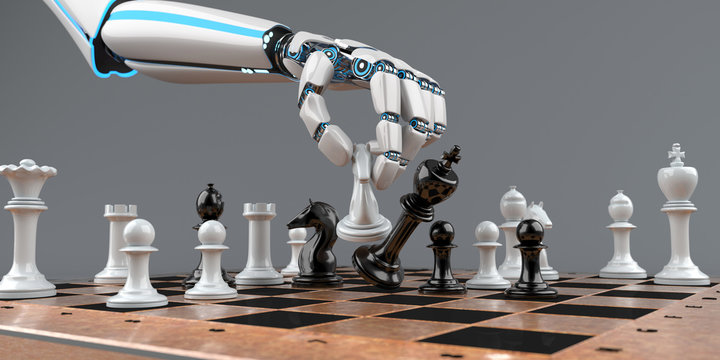 Schachmatt Eine Roboterhand mit Schachfiguren auf einem Schachbrett