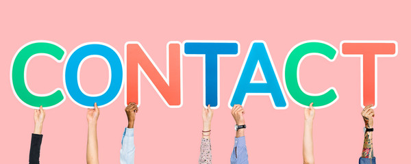 Hands holding up colorful letters forming the word contact