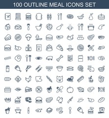 meal icons. Set of 100 outline meal icons included chinese fast food, burger with sausage, beef, spoon, sushi on white background. Editable meal icons for web, mobile and infographics.