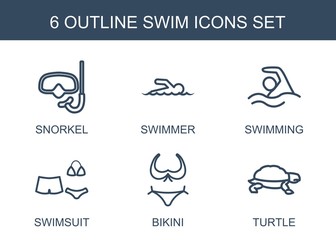 swim icons. Set of 6 outline swim icons included snorkel, swimmer, swimming, swimsuit, bikini, turtle on white background. Editable swim icons for web, mobile and infographics.