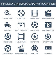 cinematography icons. Set of 16 filled cinematography icons included movie tape, movie clapper, film tape on white background. Editable cinematography icons for web, mobile and infographics.