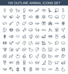 animal icons. Set of 100 outline animal icons included rabbit, mouse toy, extinct fish, chicken, beehouse on white background. Editable animal icons for web, mobile and infographics.