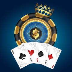 Obraz premium Golden chip with crown and playing cards vector