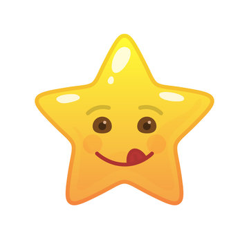 Playful star shaped comic emoticon. Frisky face with facial expression. Coltish emoji symbol for internet chatting. Funny social communication animated character. Mood message isolated vector element