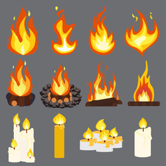Fire light effect, flames candle woodpile set design  vector