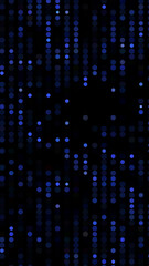 Glowing particles, polka dots on a dark blue background. Vertical festive banner. An elegant holiday pattern. Vector illustration