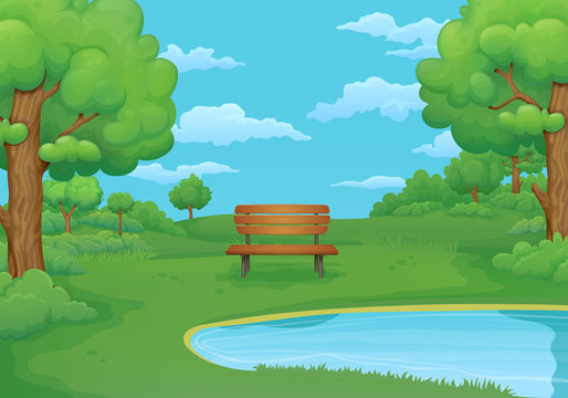 Summer, spring day illustration. Wooden bench by the lake with lush green bushes and trees.