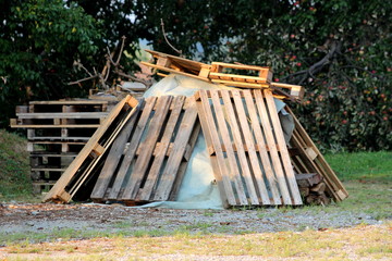 Construction material left on one pile in backyard and covered with nylon and multiple wooden pallets for protection with trees and forest vegetation in backyard at sunset