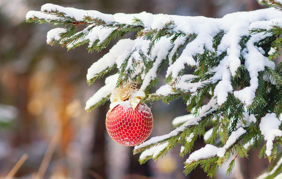the Christmas fir-tree in snow is decorated with toys